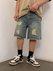 SINRANSINYA丨quần đùi-Quần short nam hip hop đường phố Quần short denim Mỹ được giặt Quần short denim lỏng với các cạnh thô rách