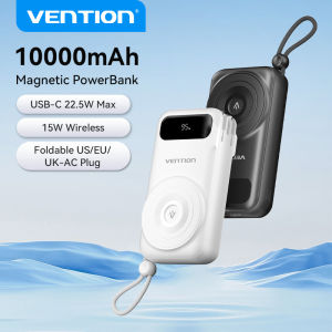 Vention 10000mAH Powerbank 15W Magnetic Wireless Charging Integrated USB-C and Lightning Cables Built-in EU US UK AC Plug for iPhone 16 15 14 13 pro max Samsung S24 Ultra S23 Xiaomi 13t ios Tablet Portable Power Bank
