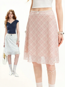 Unifree | Lace Trimmed Pink Checkered Mid-Length Skirt