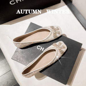 French Style Square Head Single Shoes Womens Slip-On Spring 2024 New Diamond Elegant Large Size Shoes 41-43 Fashionable Flats