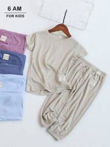 Mens and Womens Kids Ice Silk Solid Color Short-Sleeved T-shirt Pants Suit Mosquito-Proof Air Conditioning Pants round Neck Half Sleeve Pajamas Homewear