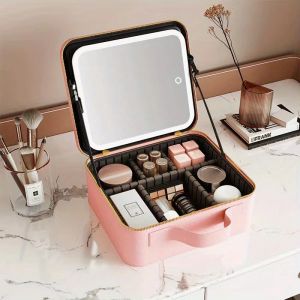 Travel Makeup Bag with Lighted Mirror 3 Color Setting LED Train Case Cosmetic Bag Organizer with Adjustable Divider Brush Board