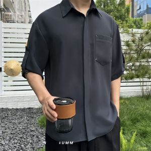 Mens Summer New Style Embroidered Ice Silk Short Sleeve Casual Loose Shirt Pure Color Drape Five Sleeve Casual Shirt