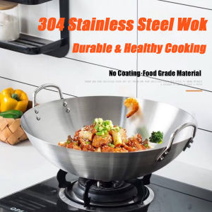 304 Thickened Stainless Steel Wok Large-capacity Stainless Steel Wok With Double Handles Hotel Restaurant Frying Pan No Coating Food Grade Material Raging Fire Stove Frying Pan Double Ear Iron Pot Thick Wok