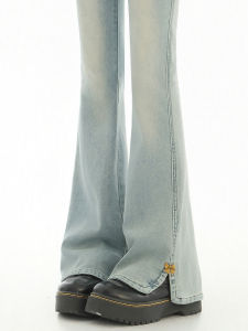 กางเกงยีนส์ทรงขาบานเอวสูงทรงสลิมฟิตสำหรับผู้หญิง กางเกงขายาวทรงขาบานทรงลำลอง ผ้าฝ้ายยืด ทรงลำลอง ฤดูร้อน 2025