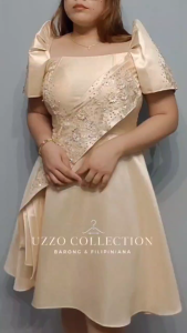 UZZO Elegant Modern Filipiniana Sided 3D Lace Metallic Beads Midi Dress Gazar beige Golden Mocha Graduation Oathtaking Wedding Dress Gown Cotton Formal