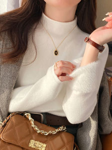 Womens Fleece Lined Thickened Half High Collar Knitted Base Shirt Inner Wear Autumn Winter New Style White Fashionable Sweater