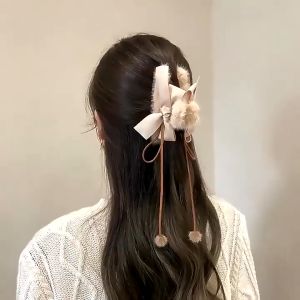 Korean Style Bow Hair Clip with Tassel Pearl Cute Hair Clamp Hair Claw Soft Fabric Hair Accessories for Women