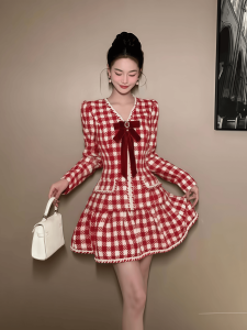Stunning Unique Dress Elegant Sweet Black White Plaid Butterfly Knot High Waist A-Line Skirt Long Sleeve Midi Dress for Women