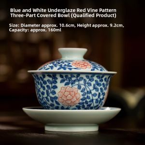 SANQINTANG | Hand-Painted Blue and White Underglaze Red Coiling Lotus Pattern Gaiwan