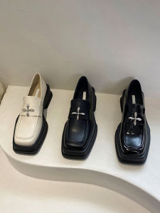 Thick Sole Black Square Toe English Style Small Leather Shoes Womens Shoes Cruciate Flower New Arrival Spring and Autumn Internet Celebrity Loafer Shoes Womens Shoes