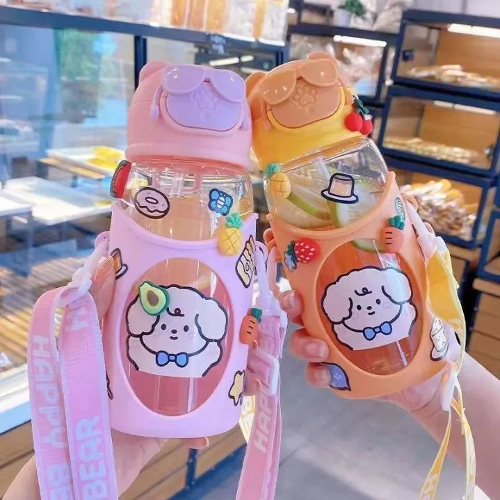 600ML Kids Water Bottles with Straw, Cover and Strap Cute Cartoon ...