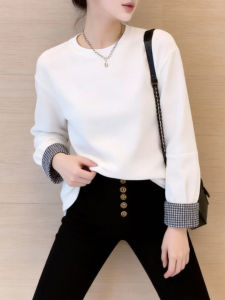 QINGNAER | Lazycasual Checkered Cuff Long Sleeve T-shirt