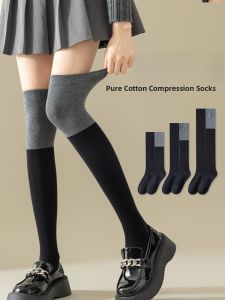 JINGCHI | Tất dài đến đầu gối cotton dày dặn cho nữ mùa đông 2023 Tất dài đến đầu gối bó sát hình dạng chân màu đen đơn giản