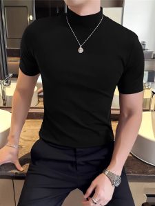 Elegant Semi-High Collar Short Sleeve Mens T-Shirt Pure Color Base Layer Shirt Versatile Mid-Collar Elastic Trendy Black