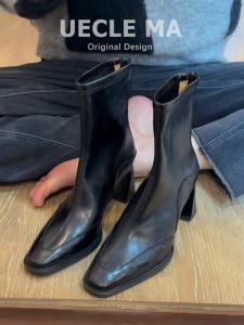Leather High Heel Short Boots Womens Autumn Winter New Style Square Head Martin Boots Thick Heel Super Beautiful Slim Boots