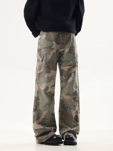 American Style Vintage Street Camouflage Mens Loose Straight Leg High Waist Flared Casual Pants Long Trousers Workwear