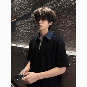 LIUBU | Polo Shirt Mens Two-tone Style Denim Collar T-shirt