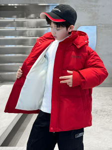 เสื้อแจ็คเก็ตผ้าฝ้ายหนาสำหรับเด็กชาย สีแดง ฤดูหนาว 2024 เสื้อคลุมกันหนาวแบบหนาสำหรับเด็กชาย ทรงหลวม แขนยาว ปกขนสัตว์ ปิดด้วยซิป