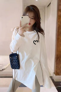 Loose Long Sleeve Womens T-shirt Pure Mid-Length Slit White Spring Autumn Winter Base Shirt Inner Wear Trendy round Neck Print