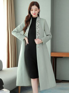 Elegant Thickened Woolen Coat Chinese Style Cheongsam Jacket Young Womens Fashionable Long Sleeve Mid-Length Navy Collar