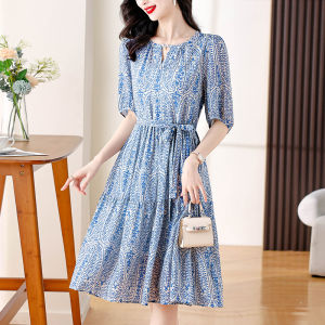 MAIMEI | Retro Romantic Paisley Print Heavyweight Fashionable Holiday Drawstring Belted Dress Summer Anti-Aging Skirt Polyester Fiber
