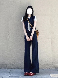 Retro Casual Denim Vest Womens Summer Korean Style Fashionable High Waist Wide Leg Pants Two Piece Set Elegant Sensation