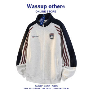 American Retro Sporty Collar Zip-up Striped Stitched Loose Mens Sweatshirt