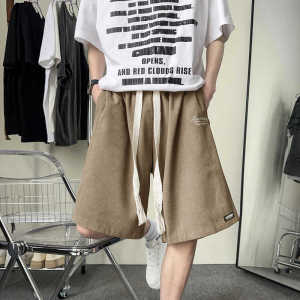 กางเกงขาสั้นผ้าคอร์ดูรอยเอวกลางหลวมๆ สไตล์อเมริกัน สำหรับผู้ชาย กางเกงขายาวห้าแฉกสีชมพูปักลายสำหรับฤดูร้อน กางเกงขายาวห้าแฉกสำหรับคู่รัก