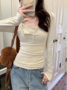 Áo Sơ Mi Nữ Tay Dài Ôm Vừa Vặn Ngắn Hoa Ren Giả Hai Mảnh Mùa Xuân 2024 Phong Cách Mới Cổ Tròn Thường Ngày Chất Liệu Khác