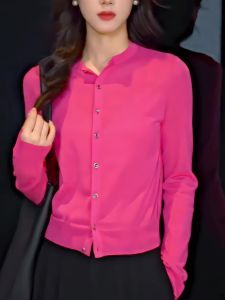 Zui Ping Fashionable Knitted Short Cardigan Womens Pink round Neck Long Sleeve Simple Match Autumn Summer New Style Commute