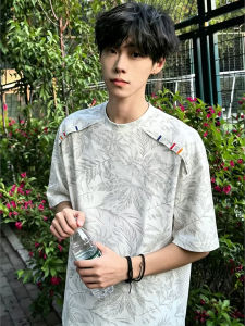 ZHUOCAN | Deco Constructed Printed Loose Drop-shoulder Mens T-Shirt