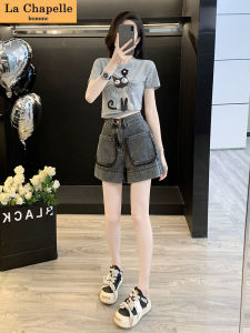 La Chebel Fashion Korean Style T-shirt Short Sleeve Small Denim Shorts Summer Clothes Matching Western Style Youthful-Looking a Complete Set