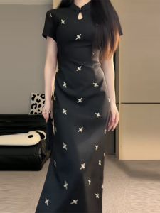 Slimming Large Size Long Dress Black Short Sleeve New Chinese Style Summer Dress Elegant Atmosphere A-Line Skirt High Waist