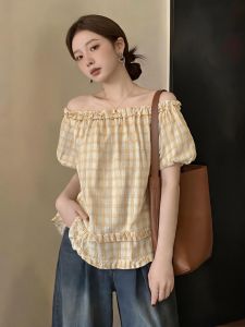 Áo Blouse Caro Bóng Túi Dài Tay Ngắn Slimming Trẻ Trung