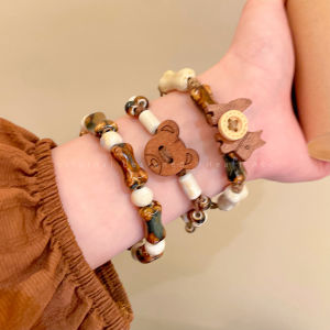 Cute Wooden Bear Ceramic Beads Bracelet for Women Simple Stylish High Aesthetic Value Student Couple Hand Jewelry