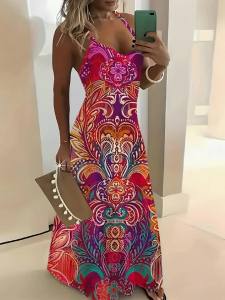 Printed Design Multicolor Red Purple Orange Paisley Spaghetti Strap Dress