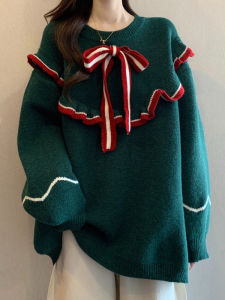Christmas Atmosphere Green Shoulder Length Knitwear Womens Large Size Autumn Winter New Style Commute Loose Fit round Neck
