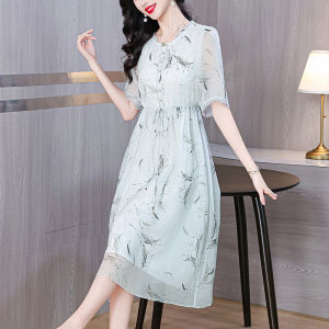 Slimming Effect Silk Long Dress Womens round Neck Print Bamboo Leaf Summer New Style Fashionable Slim Fit Dress