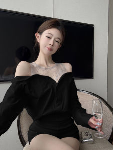 GUZILIAN | One-Shoulder Sequin Mesh Blouse with Detachable Sleeves
