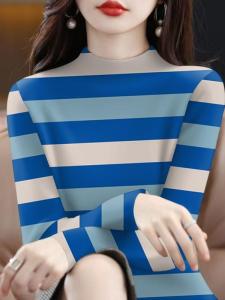 Áo Thun Nữ Cổ Cao in Họa Tiết Dài Tay Thường Ngày Mùa Xuân 2025 Cổ Điển Chống Mài Mòn Phong Cách Hàn Quốc Tay Dài Thường