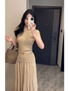 เสื้อยืดคอกลมแขนกุดถักสไตล์เกาหลีสำหรับผู้หญิงในฤดูร้อน เสื้อคลุมกันหนาวทรงสลิมฟิต เสื้อคลุมกันหนาวแบบเกาะอก สายเดี่ยว แขนกุด