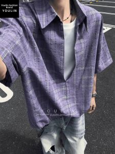 YOULIN | American Checkered Fake Two-Piece Short Sleeve Shirt Summer Casual V-Neck T-Shirt