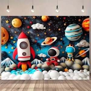 Cartoon Astronaut Outer Space Planet Backgrounds for Photographs Kids Birthday Party Decor Baby Shower Backdrop Photobooth Props