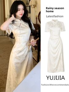 Váy Dài Cạp Cao Phong Cách Trung Hoa Mới Mùa Hè Cho Nữ Cỡ Lớn Váy Dài Cạp Cao Váy Chữ A Tay Ngắn Màu Trơn