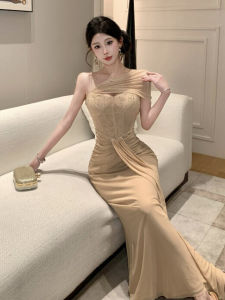 CHANGTONG | Off-Shoulder Waist Cinching Bodycon Long Dress 2026 Summer
