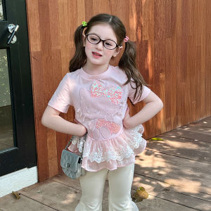 Stylized Childrens T-shirt Embroidered Lace Trimmed Summer Fashionable Girls Cartoon Print Short Sleeve round Neck Top