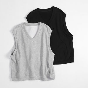 เสื้อกั๊กสเวตเตอร์คอวีแขนกุดผ้าฝ้ายแท้สำหรับผู้หญิง ทรงหลวม ไซส์ใหญ่ ทรงหลวม สไตล์วิทยาลัย ชั้นใน ชุดสองชั้น เสื้อกั๊กแขนกุด