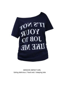 Summer New Style American Elegant Printed Letter Shoulder T-Shirt Loose Slimming Short Sleeve Casual Cotton Top for Women