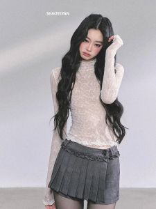 SHAOYEYAN |Áo thun ren xuyên thấu cổ lửng cho nữ